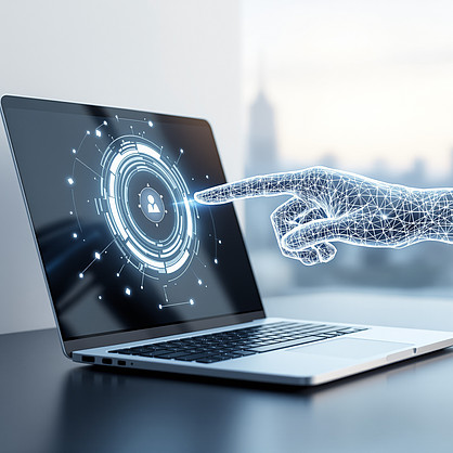 Photo: A laptop stands on a surface. An animated, artificial hand consisting of a glowing network of data points and links is pointing its finger at the screen.