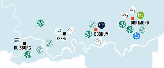 Light blue map of the Ruhr region, showing universities and research institutions.